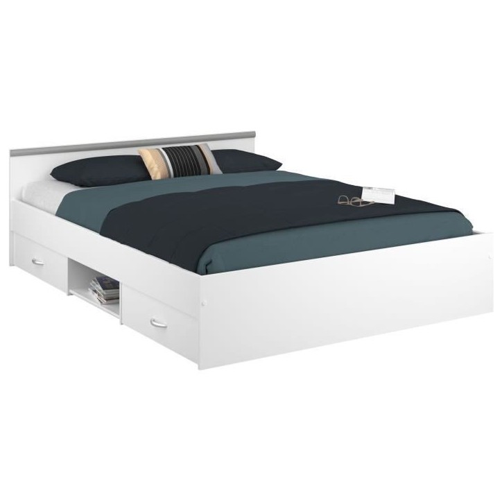 ZODIAC Lit adulte 140x190 cm - 2 tiroirs et 1 niche - Contemporain - Blanc mat ZODIAC Lit adulte 140x190 cm - 2 tiroirs et 1 niche - Contemporain - Blanc mat