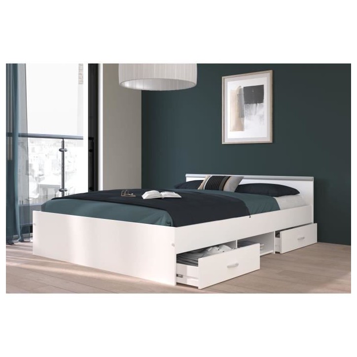 ZODIAC Lit adulte 140x190 cm - 2 tiroirs et 1 niche - Contemporain - Blanc mat ZODIAC Lit adulte 140x190 cm - 2 tiroirs et 1 niche - Contemporain - Blanc mat