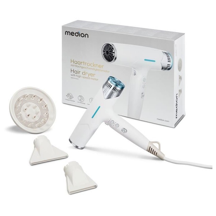 Seche-cheveux - MEDION - MD19984 - 1500 W - 3 vitesses - 105°C - Blanc Seche-cheveux - MEDION - MD19984 - 1500 W - 3 vitesses - 105°C - Blanc