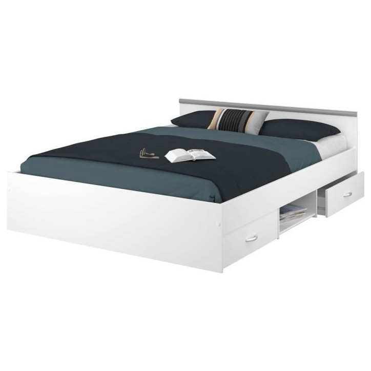 ZODIAC Lit adulte 140x190 cm - 2 tiroirs et 1 niche - Contemporain - Blanc mat ZODIAC Lit adulte 140x190 cm - 2 tiroirs et 1 niche - Contemporain - Blanc mat