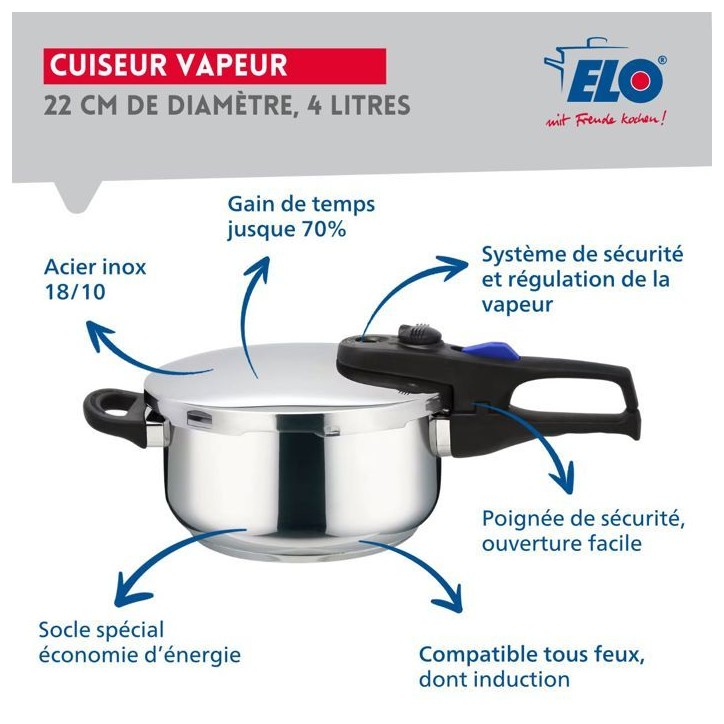 Autocuiseur vapeur - FACKELMANN - Elo Praktika - Acier inoxydable 18/10 - 22 cm - 4 litres Autocuiseur vapeur - FACKELMANN - Elo Praktika - Acier inoxydable 18/10 - 22 cm - 4 litres