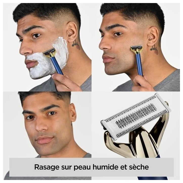 Tondeuse a barbe et rasoir - BABYLISS - X-Blade Super-X Metal - Sans fil - Autonomie 45 min - 4 sabots - Edition or & bleu marin Tondeuse a barbe et rasoir - BABYLISS - X-Blade Super-X Metal - Sans fil - Autonomie 45 min - 4 sabots - Edition or & bleu marin