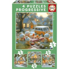Puzzles progressifs - EDUCA - La Ville des Lapins - 4 puzzles - 12 a 2