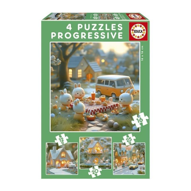 Puzzles progressifs - EDUCA - La Ville des Lapins - 4 puzzles - 12 a 2