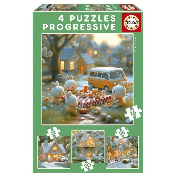 Puzzles progressifs - EDUCA - La Ville des Lapins - 4 puzzles - 12 a 25 pieces - Pour enfants