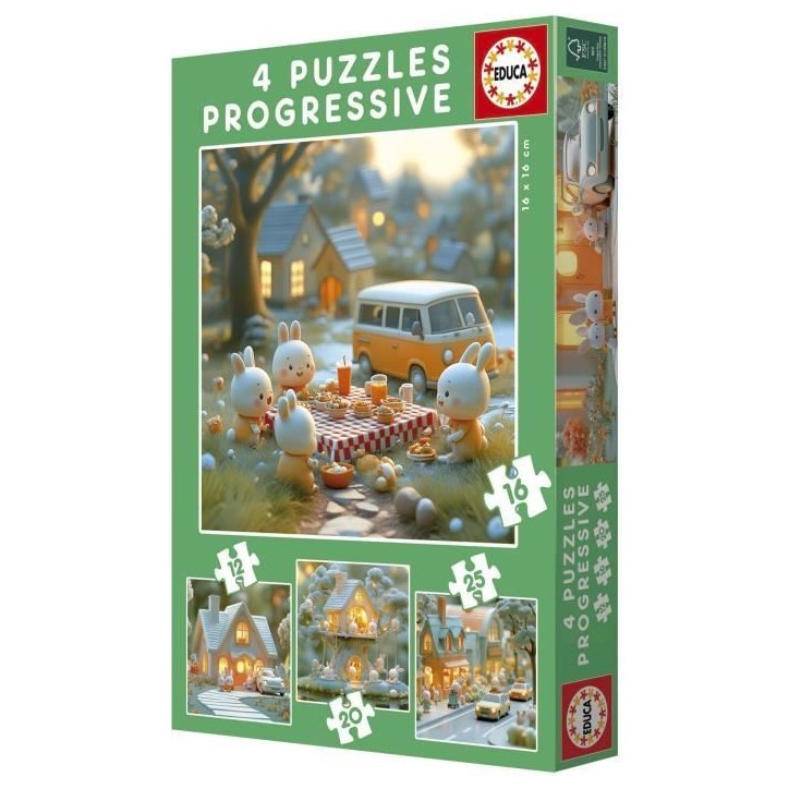 Puzzles progressifs - EDUCA - La Ville des Lapins - 4 puzzles - 12 a 25 pieces - Pour enfants