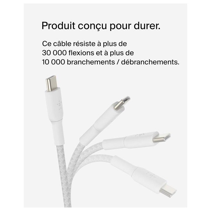 Câble tressé - BELKIN - USB-C vers USB-C - 2 m - Blanc