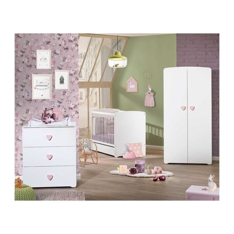 Chambre bébé trio Basic coeur: lit 120x60, commode a langer et armoi Chambre bébé trio Basic coeur: lit 120x60, commode a langer et armoi