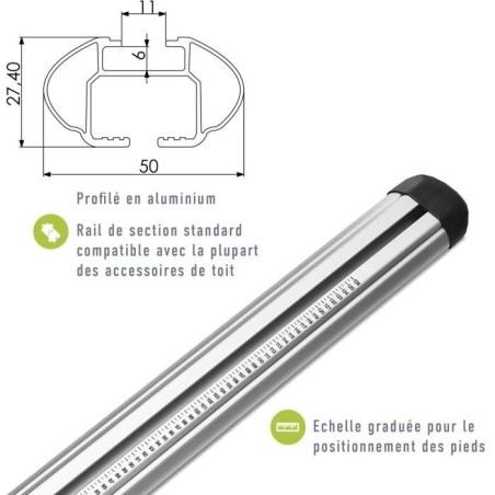 Lot de 2 Barres de toit - GREEN VALLEY - Easy One N° 69 - Aluminium - Fixation Fix Point - Jusqu'a 75 kg