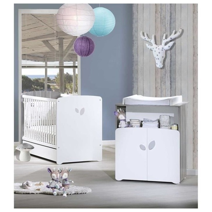 Chambre bébé duo Leaf: lit 120x60, commode a langer - Babyprice - Blanc Chambre bébé duo Leaf: lit 120x60, commode a langer - Babyprice - Blanc