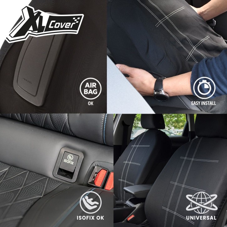 Lot de 2 housses auto avant - XLCOVER - Compatible Airbags - Noir - Housses pour sieges et appuis-tete Lot de 2 housses auto avant - XLCOVER - Compatible Airbags - Noir - Housses pour sieges et appuis-tete