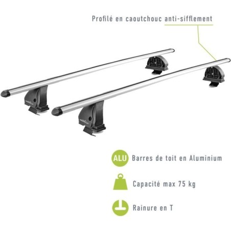 Lot de 2 Barres de toit - GREEN VALLEY - Easy One N° 49 - Aluminium - Fixation sur toit normal - Jusqu'a 75 kg