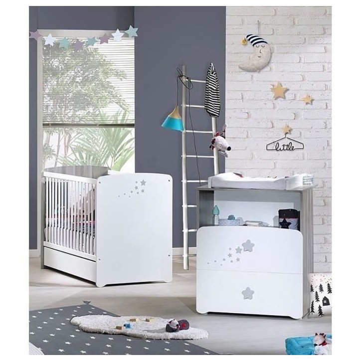 Chambre bébé duo Nao: lit 120x60, commode a langer - Babyprice - Blanc Chambre bébé duo Nao: lit 120x60, commode a langer - Babyprice - Blanc