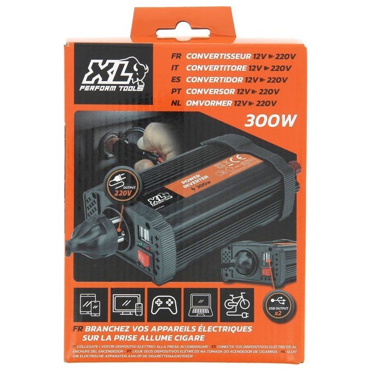Convertisseur - XL PERFORM TOOLS - 12V-230V - 300 W - 2 fusibles inclus - 2 sorties USB Convertisseur - XL PERFORM TOOLS - 12V-230V - 300 W - 2 fusibles inclus - 2 sorties USB