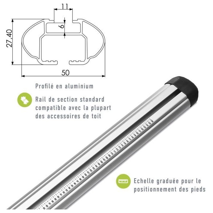 Lot de 2 Barres de toit - GREEN VALLEY - Easy One N° 16 - Aluminium - Fixation fix point - Jusqu'a 75 kg