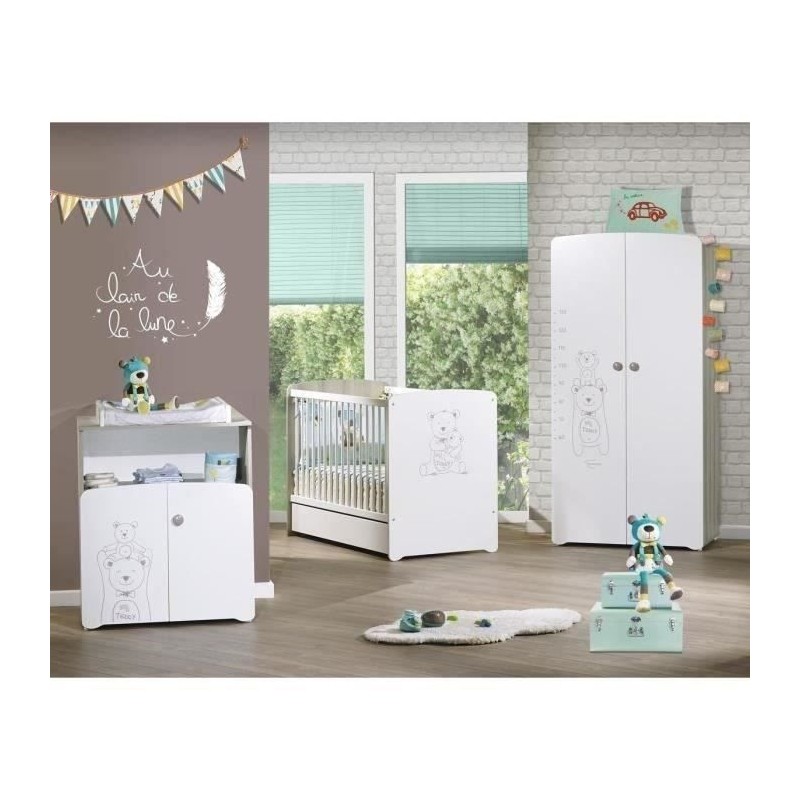 Chambre bébé trio Teddy: lit 120x60, commode a langer et armoire - B Chambre bébé trio Teddy: lit 120x60, commode a langer et armoire - B