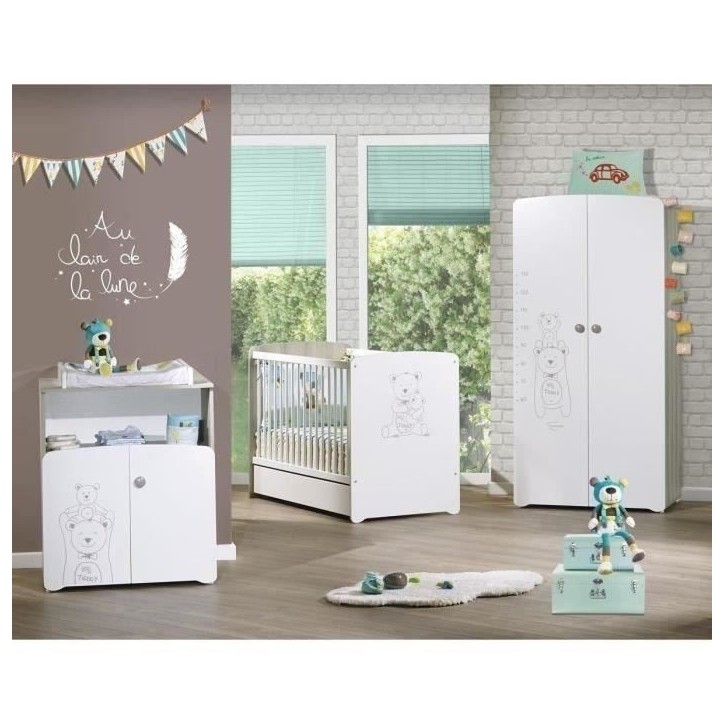 Chambre bébé trio Teddy: lit 120x60, commode a langer et armoire - Babyprice - Blanc Chambre bébé trio Teddy: lit 120x60, commode a langer et armoire - Babyprice - Blanc