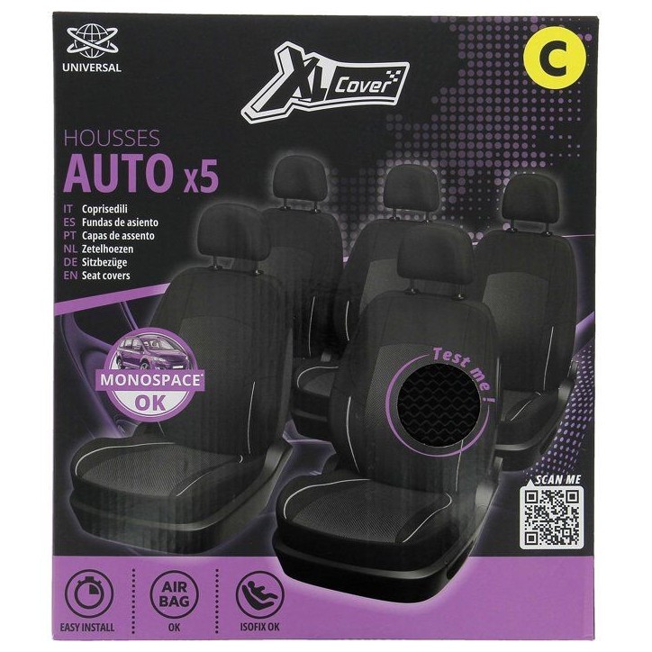 Pack de 5 housses auto universelles - XLCOVER - Monospace - Compatible Airbags - Housses les assises, dossiers et appuis-tete Pack de 5 housses auto universelles - XLCOVER - Monospace - Compatible Airbags - Housses les assises, dossiers et appuis-tete
