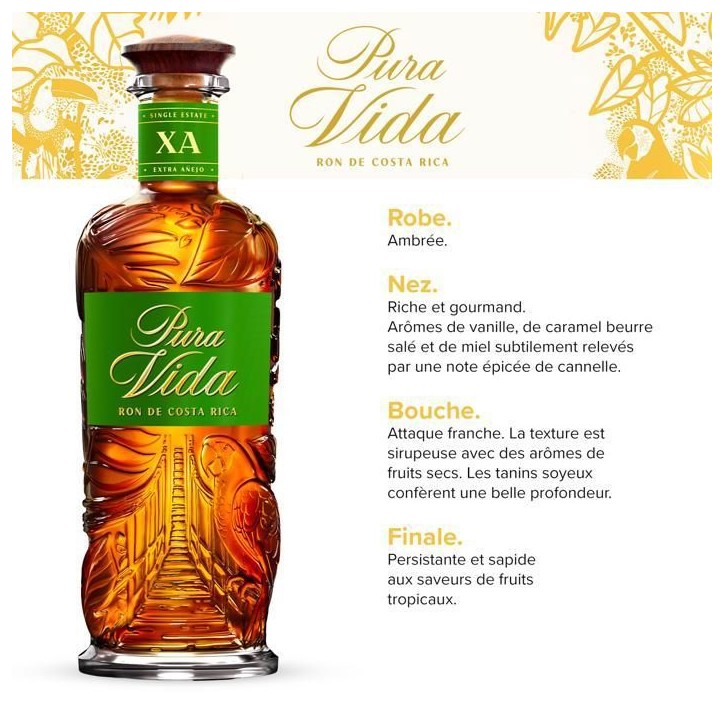 PURA VIDA - X.A - Rhum Brun - 40 % Alcool - Origine : Costa Rica - Bouteille 70 cl PURA VIDA - X.A - Rhum Brun - 40 % Alcool - Origine : Costa Rica - Bouteille 70 cl