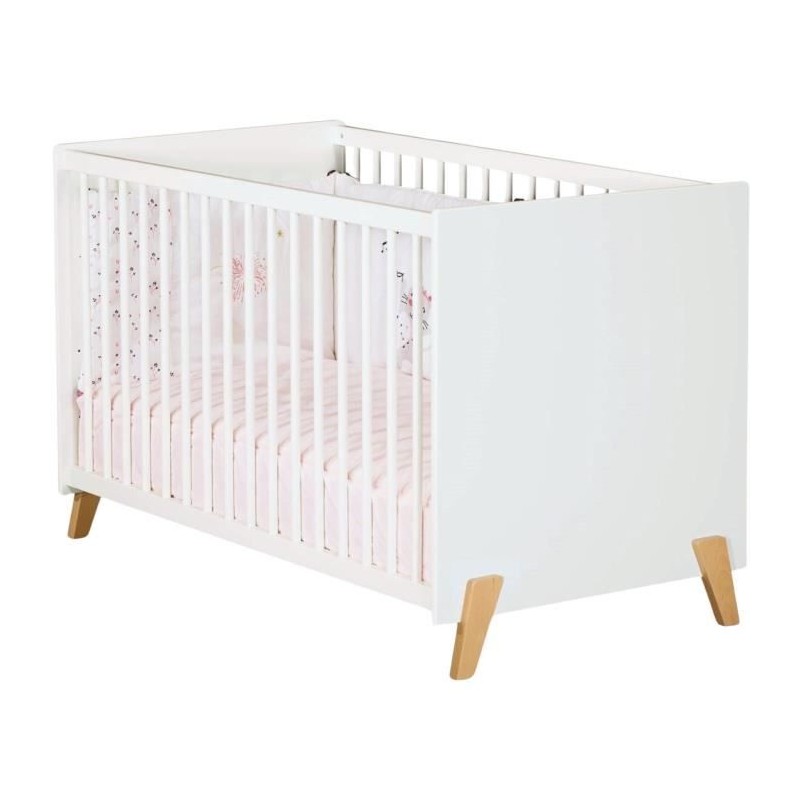 Lit bébé - 120 x 60 cm - Babyprice Joy Naturel - Blanc - Sur pieds e Lit bébé - 120 x 60 cm - Babyprice Joy Naturel - Blanc - Sur pieds e