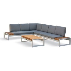 Salon de jardin d'angle - Blanc - Teck et aluminium - 6 places - Valen