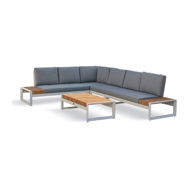 Salon de jardin d'angle - Blanc - Teck et aluminium - 6 places - Valen