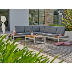 Salon de jardin d'angle - Blanc - Teck et aluminium - 6 places - Valen