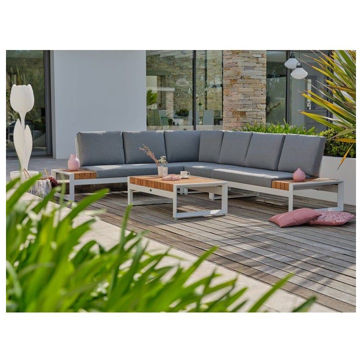 Salon de jardin d'angle - Blanc - Teck et aluminium - 6 places - Valencia Salon de jardin d'angle - Blanc - Teck et aluminium - 6 places - Valencia