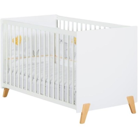 Lit bébé - 120 x 60 cm - Babyprice Joy Naturel - Blanc - Sur pieds en bois naturel