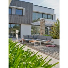 Salon de jardin d'angle - Blanc - Teck et aluminium - 6 places - Valen
