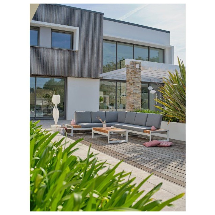 Salon de jardin d'angle - Blanc - Teck et aluminium - 6 places - Valencia Salon de jardin d'angle - Blanc - Teck et aluminium - 6 places - Valencia