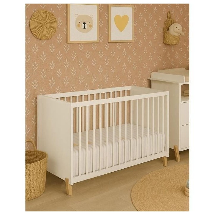 Lit bébé - 120 x 60 cm - Babyprice Joy Naturel - Blanc - Sur pieds en bois naturel Lit bébé - 120 x 60 cm - Babyprice Joy Naturel - Blanc - Sur pieds en bois naturel