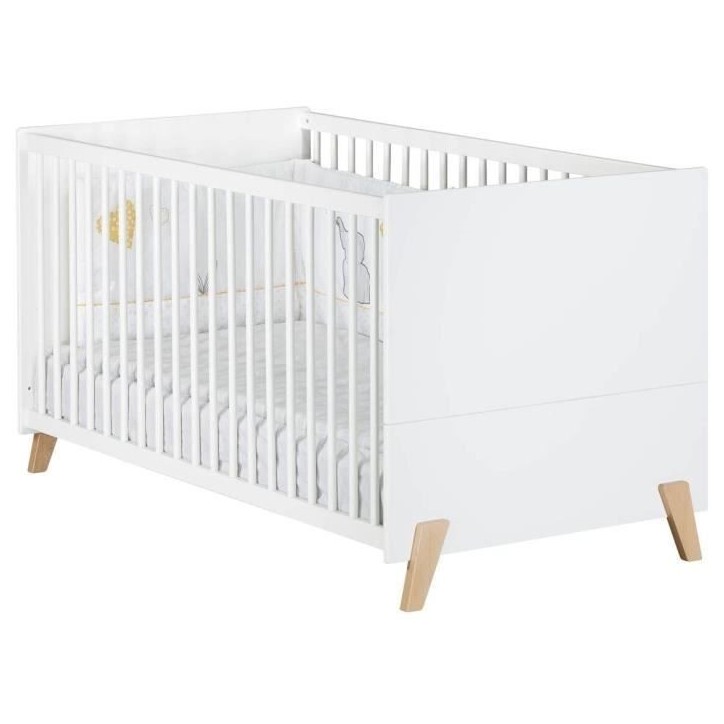 Lit évolutif - 140x70cm - Babyprice Joy Naturel - Blanc sur pieds en bois naturel