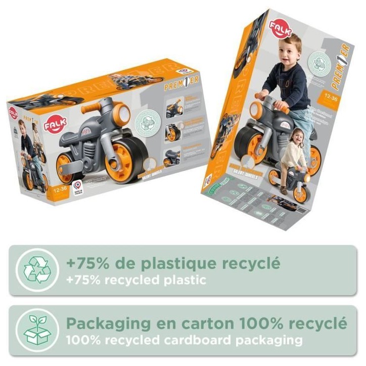 Draisienne Moto Premier - FALK - Avec roues silencieuses - Gris - 75% Plastique Recyclé - 100% Fabriqué en France - Des 12 mo Draisienne Moto Premier - FALK - Avec roues silencieuses - Gris - 75% Plastique Recyclé - 100% Fabriqué en France - Des 12 mo
