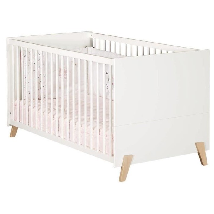 Lit évolutif - 140x70cm - Babyprice Joy Naturel - Blanc sur pieds en bois naturel