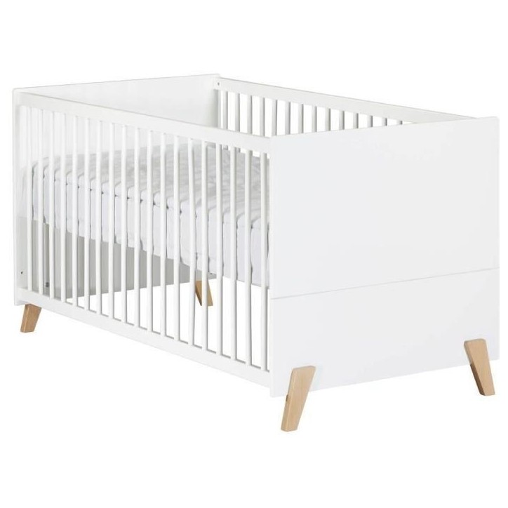 Lit évolutif - 140x70cm - Babyprice Joy Naturel - Blanc sur pieds en bois naturel