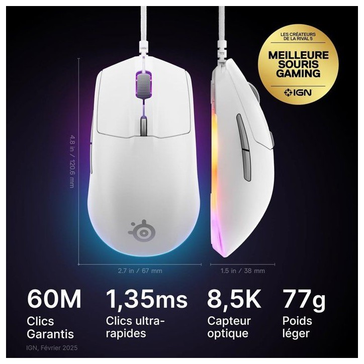 Souris gaming filaire - STEELSERIES - Rival 3 Gen 2 - Blanc Souris gaming filaire - STEELSERIES - Rival 3 Gen 2 - Blanc
