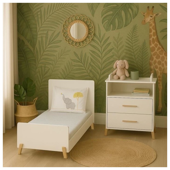Lit évolutif - 140x70cm - Babyprice Joy Naturel - Blanc sur pieds en bois naturel