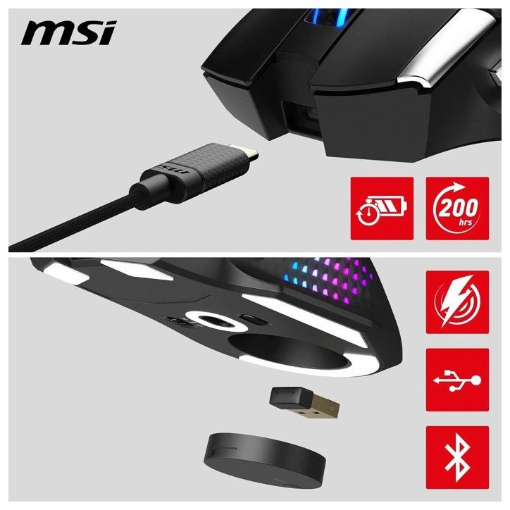 Souris gamer sans fil Bluetooth/2,4 GHz/USB - MSI VERSA PRO Wireless - Station de charge - Noir Souris gamer sans fil Bluetooth/2,4 GHz/USB - MSI VERSA PRO Wireless - Station de charge - Noir