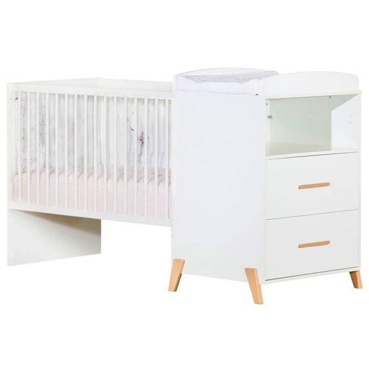 Lit Combiné - 120x60cm - Evolutif en 90x190cm - Babyprice Joy Naturel - Blanc sur pieds en bois naturel Lit Combiné - 120x60cm - Evolutif en 90x190cm - Babyprice Joy Naturel - Blanc sur pieds en bois naturel