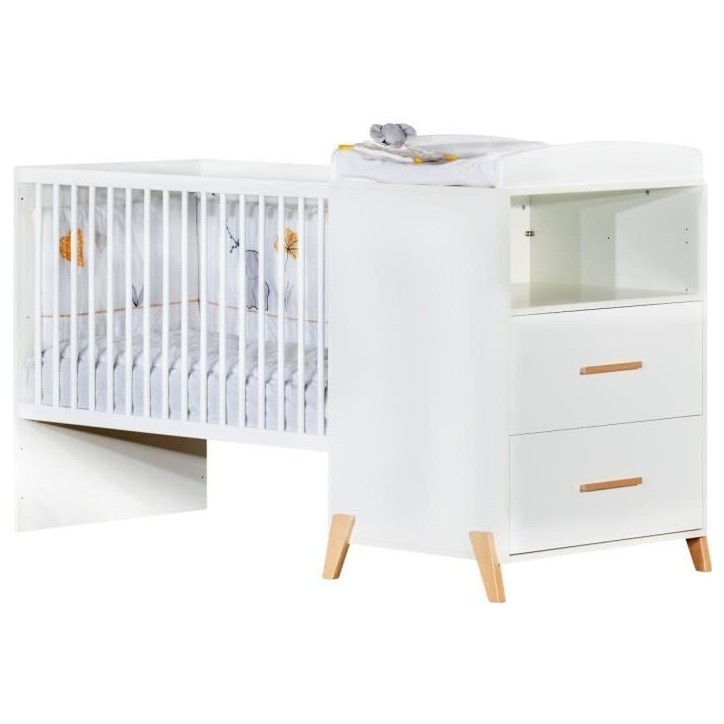 Lit Combiné - 120x60cm - Evolutif en 90x190cm - Babyprice Joy Naturel - Blanc sur pieds en bois naturel Lit Combiné - 120x60cm - Evolutif en 90x190cm - Babyprice Joy Naturel - Blanc sur pieds en bois naturel