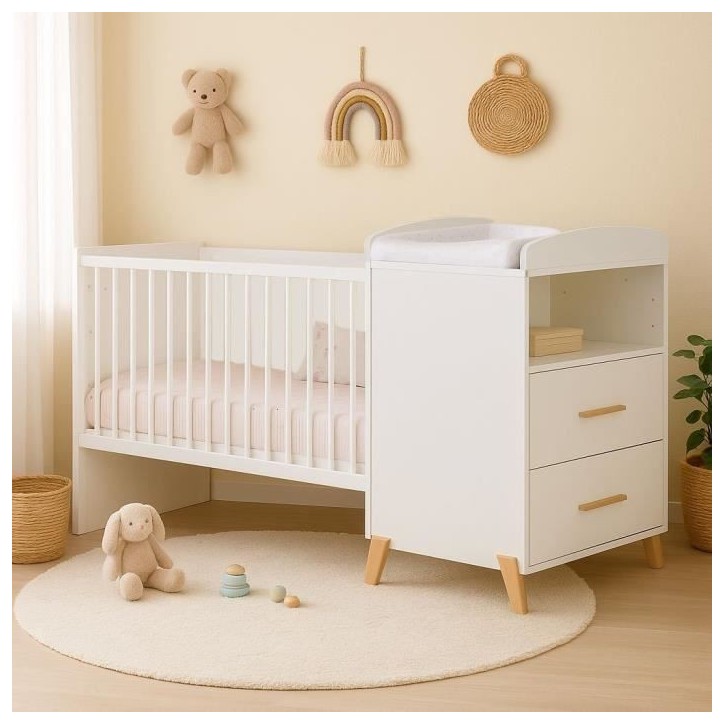 Lit Combiné - 120x60cm - Evolutif en 90x190cm - Babyprice Joy Naturel - Blanc sur pieds en bois naturel Lit Combiné - 120x60cm - Evolutif en 90x190cm - Babyprice Joy Naturel - Blanc sur pieds en bois naturel