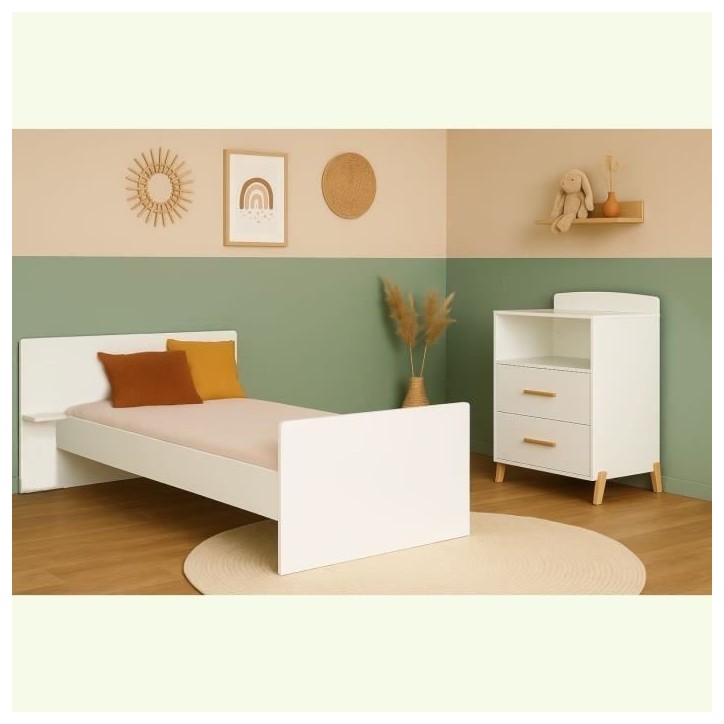Lit Combiné - 120x60cm - Evolutif en 90x190cm - Babyprice Joy Naturel - Blanc sur pieds en bois naturel Lit Combiné - 120x60cm - Evolutif en 90x190cm - Babyprice Joy Naturel - Blanc sur pieds en bois naturel