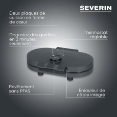 Gaufrier duo - SEVERIN - WA2118 - 1200 W - Formes de coeur - Revetement céramique anti-adhésif - Noir