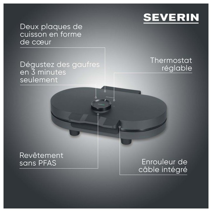 Gaufrier duo - SEVERIN - WA2118 - 1200 W - Formes de coeur - Revetement céramique anti-adhésif - Noir