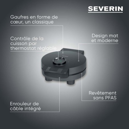 Gaufrier solo - SEVERIN - WA2116 - 1200 W - Formes de coeur - Revetement céramique antiadhésif - Noir