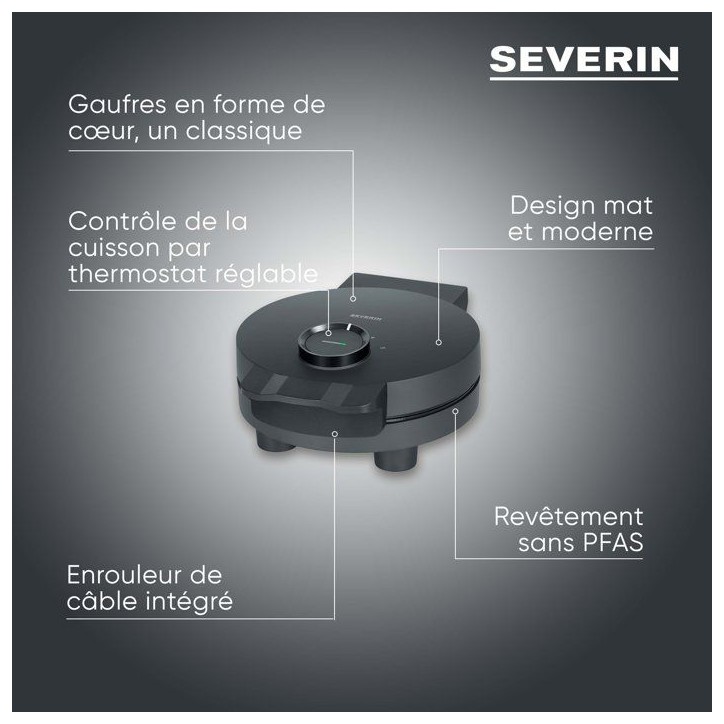 Gaufrier solo - SEVERIN - WA2116 - 1200 W - Formes de coeur - Revetement céramique antiadhésif - Noir Gaufrier solo - SEVERIN - WA2116 - 1200 W - Formes de coeur - Revetement céramique antiadhésif - Noir
