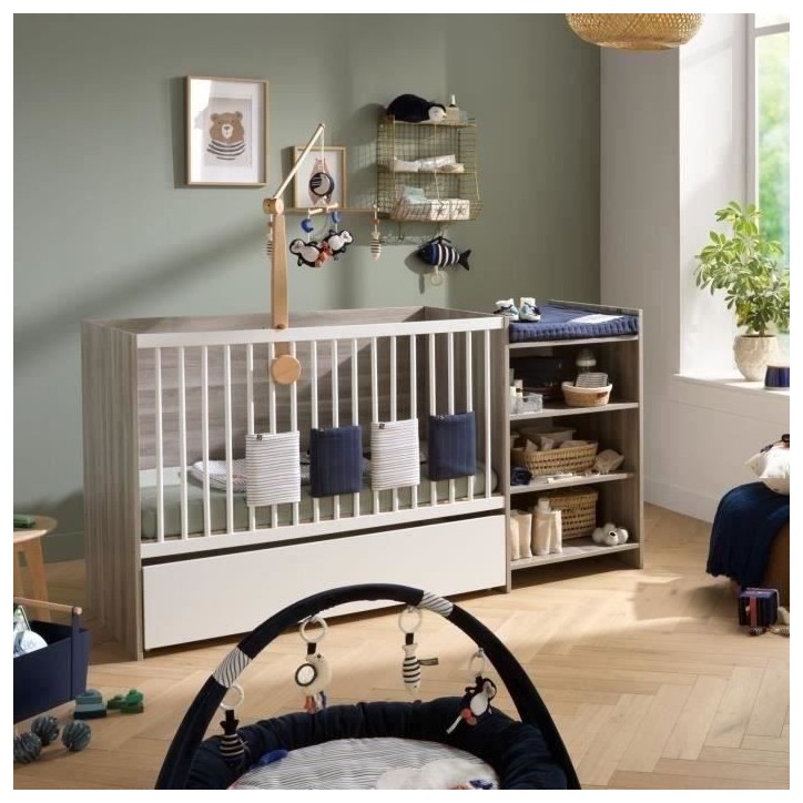 Lit bébé combiné - 120x60cm - Evolutif en 90x190cm - Babyprice Up - Chene silex - Avec commode a langer étagere Lit bébé combiné - 120x60cm - Evolutif en 90x190cm - Babyprice Up - Chene silex - Avec commode a langer étagere