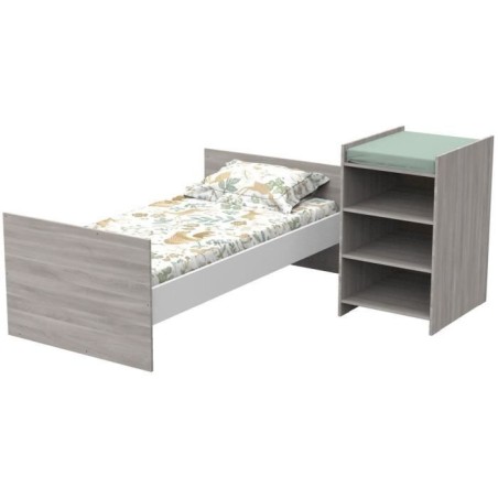 Lit bébé combiné - 120x60cm - Evolutif en 90x190cm - Babyprice Up - Chene silex - Avec commode a langer étagere