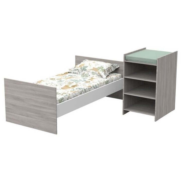 Lit bébé combiné - 120x60cm - Evolutif en 90x190cm - Babyprice Up - Chene silex - Avec commode a langer étagere Lit bébé combiné - 120x60cm - Evolutif en 90x190cm - Babyprice Up - Chene silex - Avec commode a langer étagere